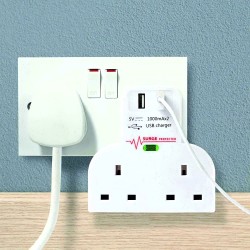 Elpine Twin Electric Socket Surge Protected Plug Adaptor USB Charger 31477C