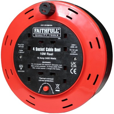 Faithfull FPPCR10M10 4 Socket Fast Rewind Electric Cable Reel 10m XMS25CR10M