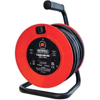 Faithfull FPPCR20M Electric Cable Reel Drum Twin Socket 20 meter