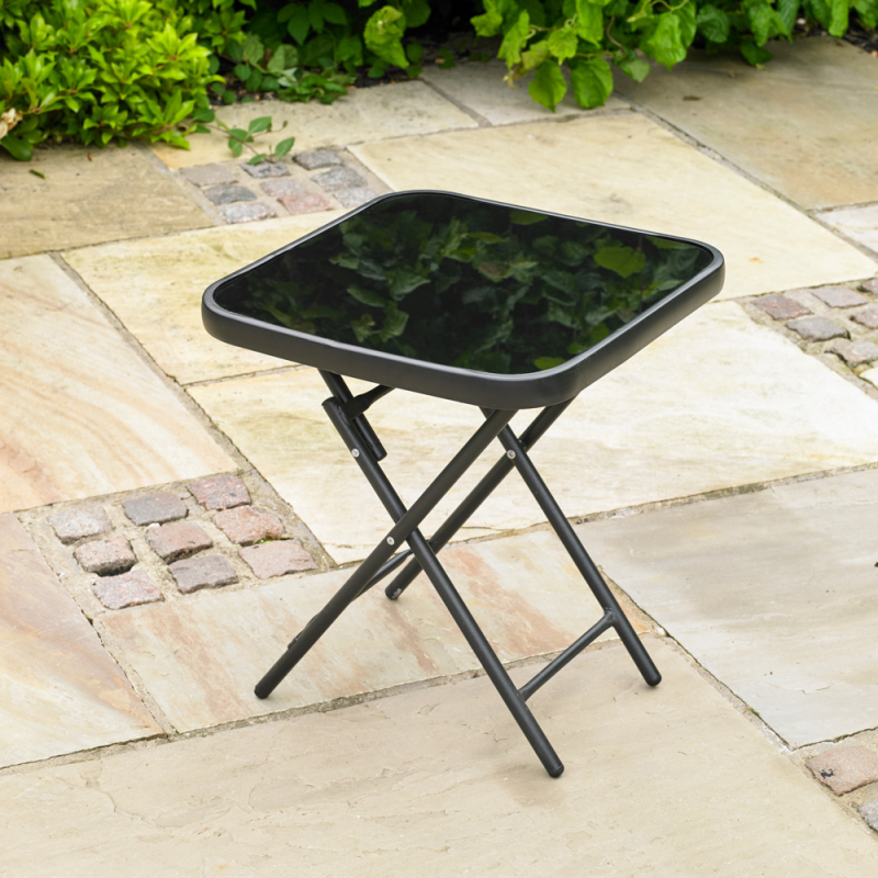 Kingfisher Folding Black Glass Drinks Garden Patio Table FSDT