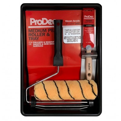 Prodec Medium Pile 9 inch Paint Roller Frame Tray and Brush Set PRRT039