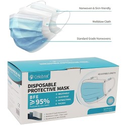 Celebrat 3 Ply Disposable Protective Face Mask Bacterial Filtration 95% 10pk