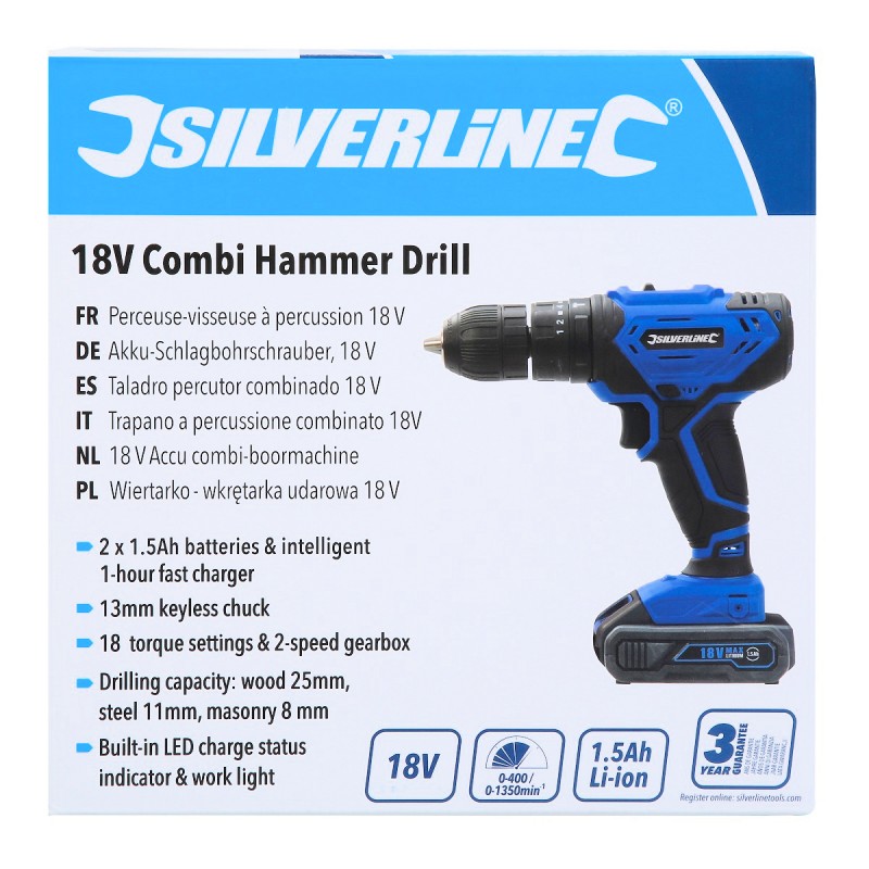 Silverline Cordless Combi Hammer Drill 18 Volt 1.5Ah 998003 Sealants