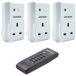 Uni-Com Remote Control Plug Socket Set 3 Pack 240V Wireless Mains Sockets UNC63810 XMS25SOCKETS Uni-Com Remote Control Plug Socket Set 3 Pack 240V Wireless Mains Sockets UNC63810 XMS25SOCKETS