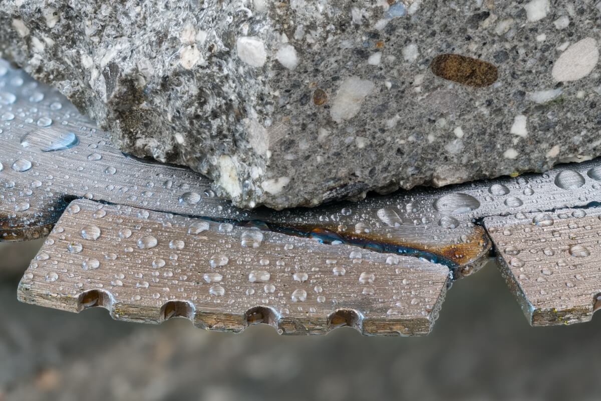 Close-up of a wet, segmented circular saw blade partially cutting into a textured concrete block, guided by diamond cutting grinding discs.